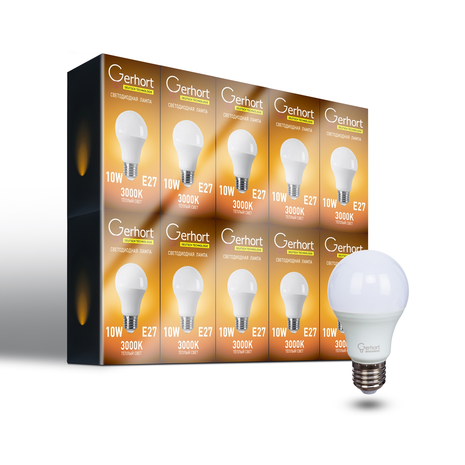 Блок лампочек 10W GERHORT A60 LED 3000K E27 (10шт)